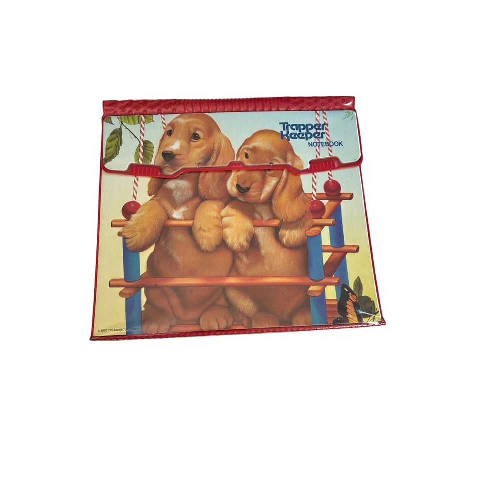 Vintage 1992 Mead Trapper Keeper Golden Retriever Puppies Red 3 Ring Binder 90s